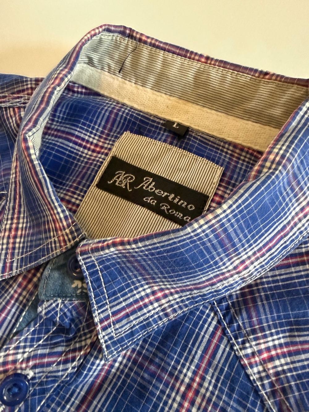 Albertino da Roma Men’s L Blue Plaid Western Shirt Long Sleeve